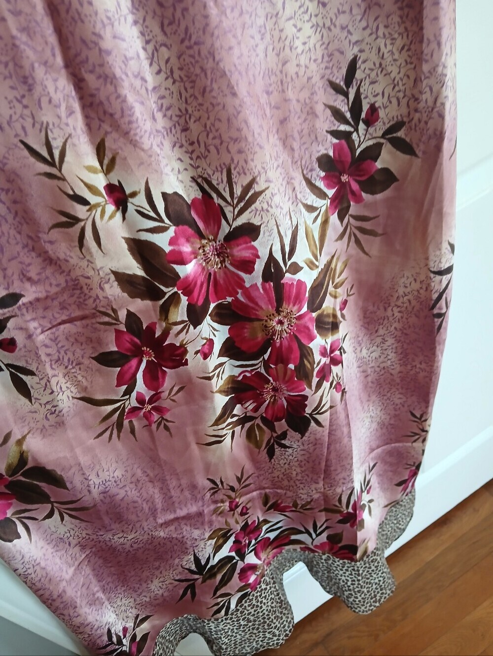 True Beauty By Emme Silky Floral Pink Slip Dress with Animal Trim Sexy Feminine - Picture 4 of 11